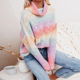 Women Casual Rianbow Printed Knitted Sweater Long Sleeve Scarf Collar Loose-fitting High Street Pullover 2022 Autumn New Sweater