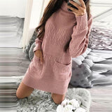 Women Casual Front Pockets Knitted Sweater Dress Long Sleeve Turtleneck Solid Warm High Street Mini Dress 2022 Winter Dress