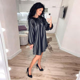 Women PU Fashion Vintage Loose Mid Dress Solid O Neck Lantern Sleeve Maternity Dress 2022 Spring New Office Lady Casual Dress