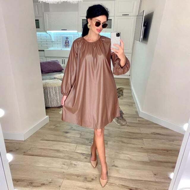 Women PU Fashion Vintage Loose Mid Dress Solid O Neck Lantern Sleeve Maternity Dress 2022 Spring New Office Lady Casual Dress
