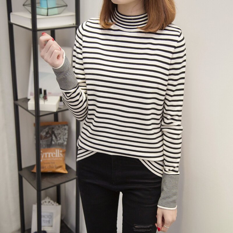Shyloli Casual Office Lady Mock Neck Long Sleeve Sheath Pollover Black And White 2022 New Fashion Spring Autumn Pollover