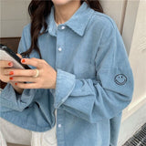 Women Casual Smlie Printed Corduroy Loose Blouse Long Sleeve Turn Down Collar Solid High Street Warm Coat Shirt 2022 Winter Tops