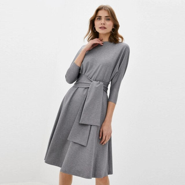Women Vintage Sashes A-line Party Gray Dress Three Quare Sleeve O neck Solid Elegant Casual Dress For Women 2022 Summer Fashion