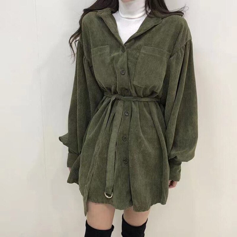 Women Vintage Front Pockets Sashes A-line Dress Lantern Sleeve Turn Down Collar Solid Party Dress 2021 Winter Casual New Dress