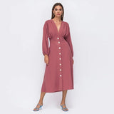 Women Ofifce Lady Front Buttons Party Dress Long Sleeve Sexy V neck Solid Elegant Casual A-line Dress 2022 Autumn  Fashion Dress