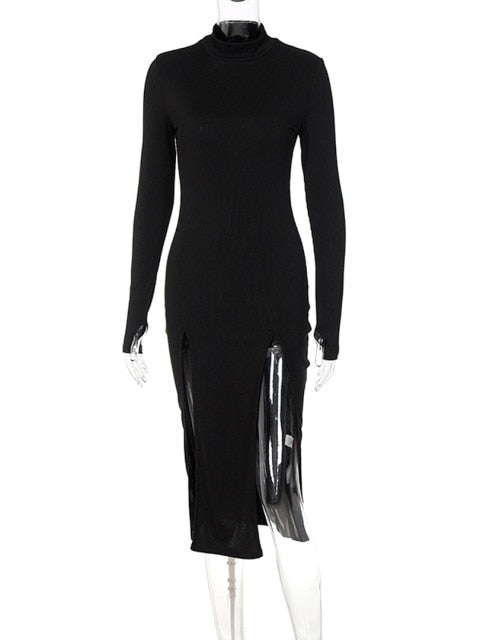 Solid Ribbed Women Long Sleeve Double Side Slit High Neck Midi Dress Bodycon Sexy Streetwear 2022 Autumn Winter Party