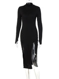 Solid Ribbed Women Long Sleeve Double Side Slit High Neck Midi Dress Bodycon Sexy Streetwear 2022 Autumn Winter Party