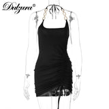 Sling Square Neck Sleeveless Sexy Bandage Tie Halter Skinny Bodycon Slim Mini Solid Color Fashion Party Dress