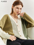 Minimalism Autumn Cardigan For Women Elegant V Neck Contrast Thicken Sweaters Casual Loose Female Knitted Tops