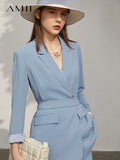 Amii Minimalism Spring New Suit Set Offical Lady Solid Lapel Full Sleeve Belt Women&#39;s Coat Causal Women&#39;s Suit Pants 12140246