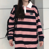 Pink & Black Striped Polo Shirt With Contrast White Collar Oversized Comfy Tee Women Aesthetic E-girl Casual Streetwear /