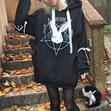 Alt Girl Hoodies Women Black Goth Bunny Pentacle Print Oversized Lace-up Sleeve Hooded Sweatshirts Harajuku e-girl Aesthetic /