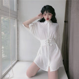 Black White Gothic Dress With Belt Lapel Collar Half Sleeve Shirt Mini Dress Women Spring Summer Dress /