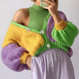 Color Block Knit Cardigan Chunky Lilac &amp; Yellow &amp; Green V-Neck Button Up Crop Sweater Y2K 90s Aesthetic Clothes