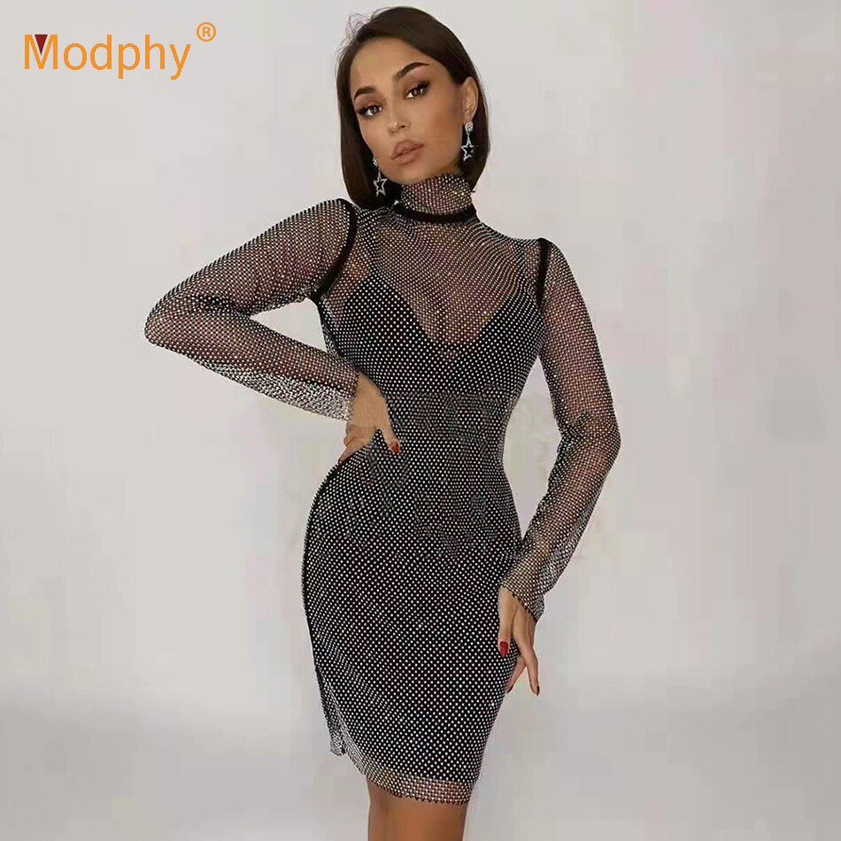 Sexy Black Mesh Diamond 2-piece Bandage Dress Women Fall 2022 New Fashion Party Dress High Neck Long Sleeve Bodycon Mini Vestido