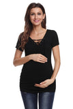 Maternity Lace up Shirt Short Sleeve Top Pregnancy Clothes for Women Side Ruching V Neck Stripe Pregnancy Summer T-Shirt