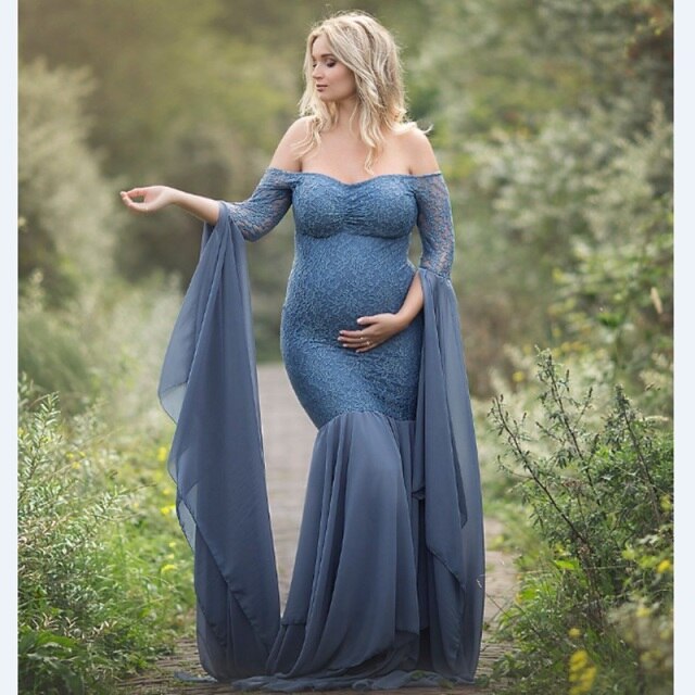 Rarove Fashion Maternity Dress for Photo Shoot Maxi Maternity Gown Long Sleeves Lace Stitching Fancy Women Maternity Photography Props