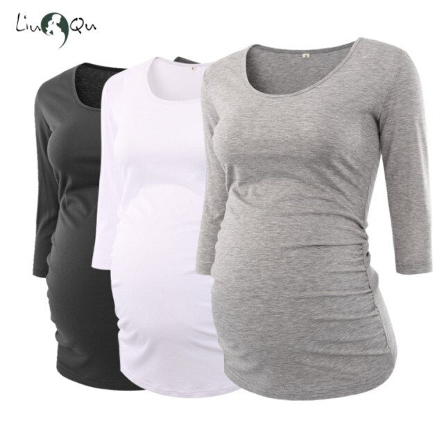 Pregnant Blouse Maternity Clothes Side Ruched 3 Quarter Sleeve Maternity Scoop Neck Jersey Top Pregnancy Clothes for Women Tops